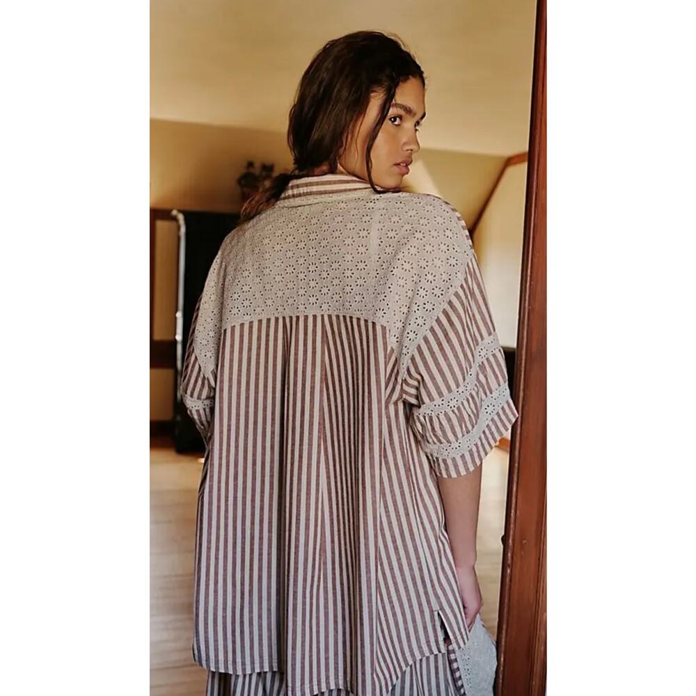 NEW Intimately Free People Neutral Combo Brown Stripe Clear Skies Lounge Shirt - Picture 3 of 10